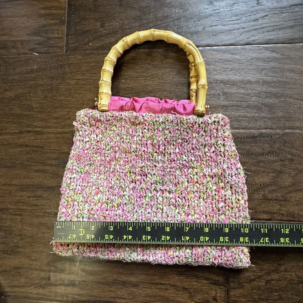 Retro‎ 60s Handbag Pink Green Crochet Woven Lined Purse Wood Handle Boho Mod